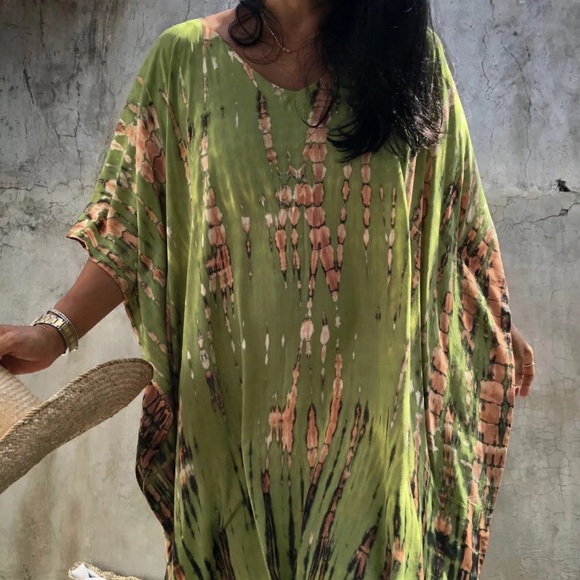 Lime Green Boho Tie Dye Kaftan Kimono Dress - Picture 6 of 6